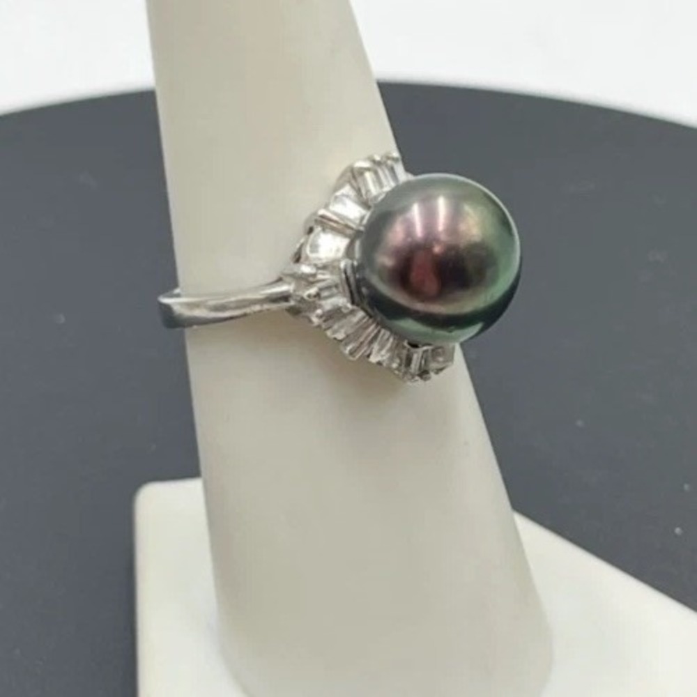 Large 10mm Gray Peacock Genuine Black Pearl Ring Sterling Silver Halo‎ CZ Sz 7